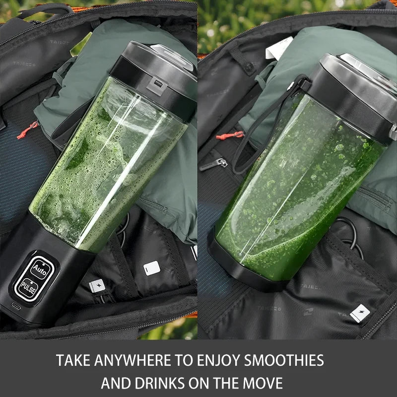 Portable electric fruit mixer containing green smoothie inside hiking backpack; two side-by-side views showing mixer in backpack pocket; "Take anywhere to enjoy smoothies and drinks on the move" text