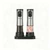 Stainless steel electric salt and pepper grinder set with dual charging base, LED displays and speed buttons, clear tapered chambers filled with peppercorns and pink himalayan salt, on white background