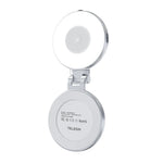TELESIN magnetic selfie ring light in white/silver, unfolded showing ring light illuminated and FCC/CE/RoHS certification on magnetic base, 500mAh 3.7V battery