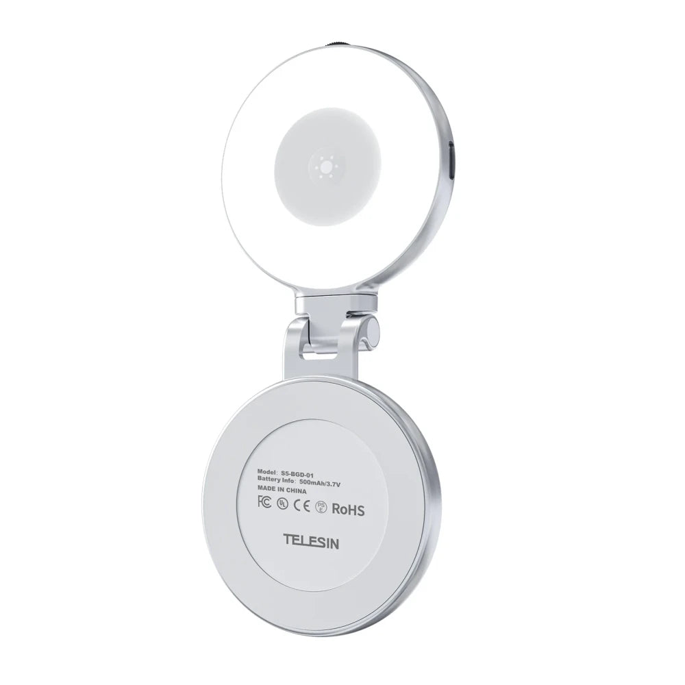 TELESIN magnetic selfie ring light in white/silver, unfolded showing ring light illuminated and FCC/CE/RoHS certification on magnetic base, 500mAh 3.7V battery