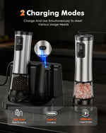 2 charging modes: USB dual base charging and Type-C direct charging simultaneously; 800mAh large battery; pepper grinder on charging base and salt grinder with USB-C cable