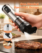Hand grinding pepper over steak with one-handed operation electric grinder; features stainless steel body, one-piece flip cover, bottom LED fill light