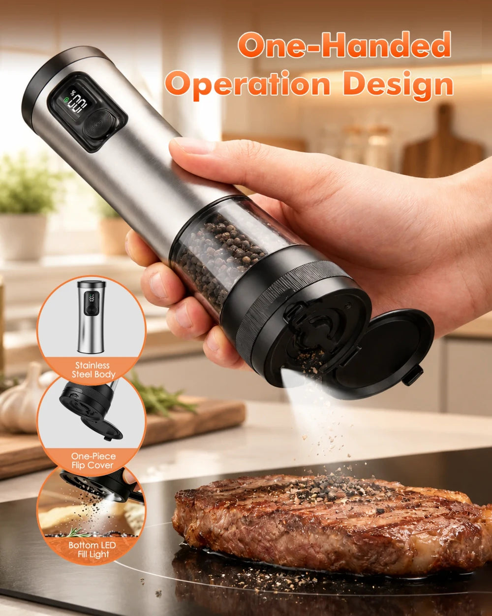 Hand grinding pepper over steak with one-handed operation electric grinder; features stainless steel body, one-piece flip cover, bottom LED fill light