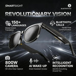 SmartSight AI smart glasses in sunglasses mode with dark lenses: 150+ language global instant translation, Bluetooth 5.0 hands-free calls, 800W HD ultra-clear camera, AI wake-up smart assistant, intelligent recognition