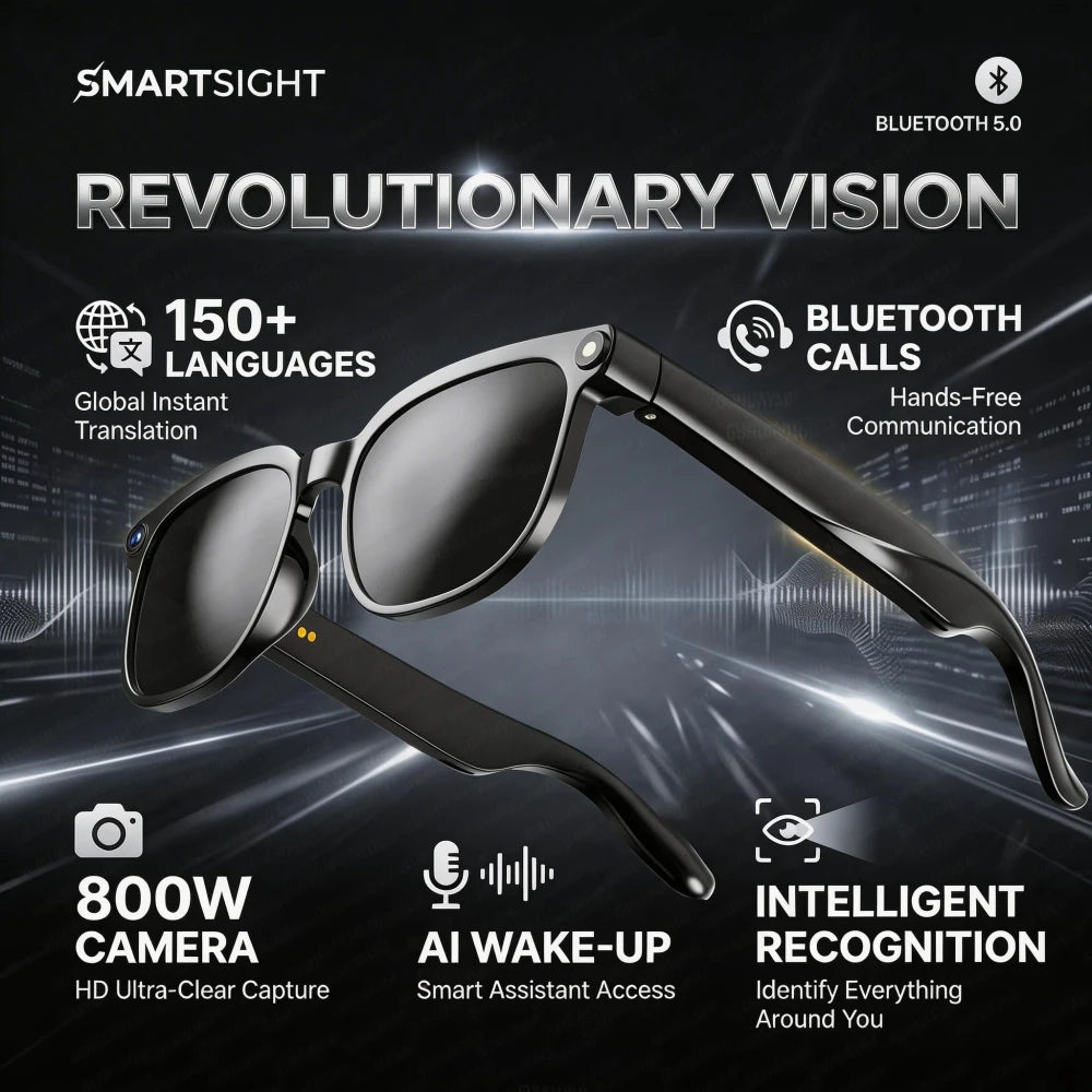 SmartSight AI smart glasses in sunglasses mode with dark lenses: 150+ language global instant translation, Bluetooth 5.0 hands-free calls, 800W HD ultra-clear camera, AI wake-up smart assistant, intelligent recognition