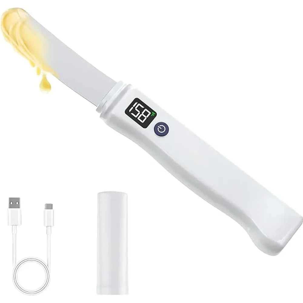 USB rechargeable heated butter knife with melting butter dripping from blade, shown with included USB-C charging cable and protective blade sheath