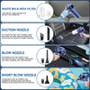 Blue portable handheld vacuum cleaner accessories overview: HEPA filter waste bin, suction nozzle for crevices, blow nozzle for keyboards and electronics, and short blow nozzle for inflating small equipment