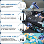 Blue portable handheld vacuum cleaner accessories overview: HEPA filter waste bin, suction nozzle for crevices, blow nozzle for keyboards and electronics, and short blow nozzle for inflating small equipment