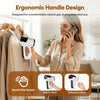 Woman using portable vacuum garment steamer one-handed while on phone with smart grip sensor callouts