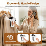Woman using portable vacuum garment steamer one-handed while on phone with smart grip sensor callouts