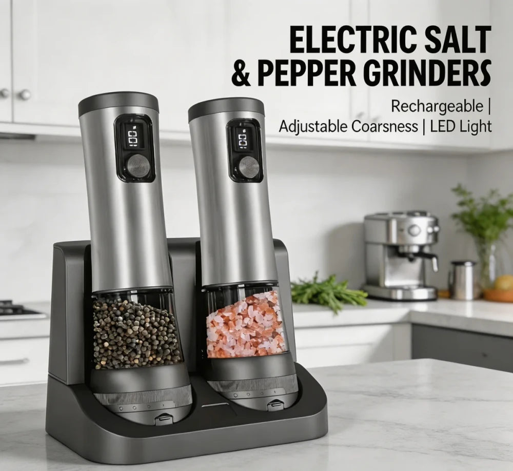 Electric salt and pepper grinder set: two stainless steel grinders with LED displays in dual charging base on kitchen counter; features rechargeable, adjustable coarseness, LED light