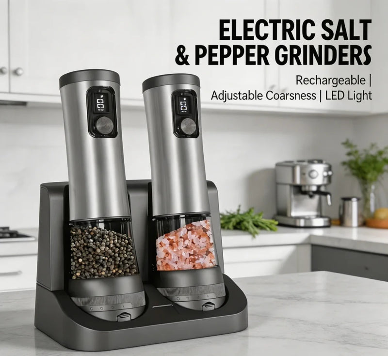 Electric salt and pepper grinder set: two stainless steel grinders with LED displays in dual charging base on kitchen counter; features rechargeable, adjustable coarseness, LED light
