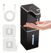 USB rechargeable automatic foam soap dispenser in black with USB charging cable and two adhesive wall mount brackets, dispensing liquid soap into hand