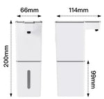 USB rechargeable automatic foam soap dispenser dimensions: 66mm wide, 114mm deep, 200mm tall with 99mm reservoir height