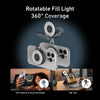 TELESIN magnetic selfie ring light with 360-degree rotatable fill light and 180-degree flip feature, showing magnetic attachment to iPhone front and back, with woman taking selfie and video call use cases