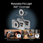TELESIN magnetic selfie ring light with 360-degree rotatable fill light and 180-degree flip feature, showing magnetic attachment to iPhone front and back, with woman taking selfie and video call use cases