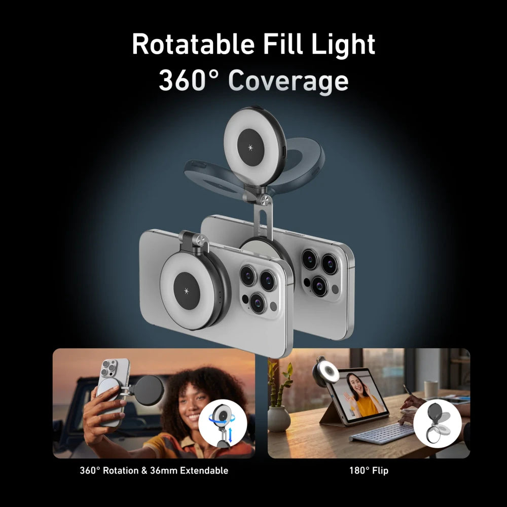 TELESIN magnetic selfie ring light with 360-degree rotatable fill light and 180-degree flip feature, showing magnetic attachment to iPhone front and back, with woman taking selfie and video call use cases