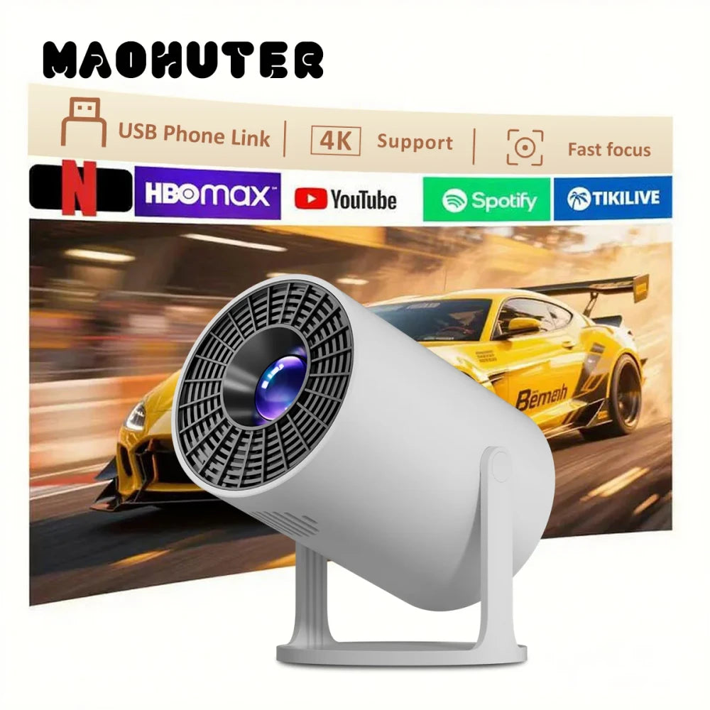 Compact 4K mini projector with USB phone link, 4K support, and fast focus showing car racing projection with Netflix, HBO Max, YouTube, and Spotify apps