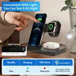 3-in-1 wireless charging station on nightstand charging iPhone, Apple Watch, and AirPods simultaneously; light control panel showing Phone, AirPods, Watch indicators and touch switch; status legend: white = standby, blue = charging, blinking red = FOD alarm; nighttime light toggle note