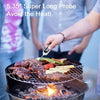 Person using 5.35-inch super long probe digital thermometer to check meat temperature on outdoor charcoal grill; "5.35 Super Long Probe — Avoid the Heat" text