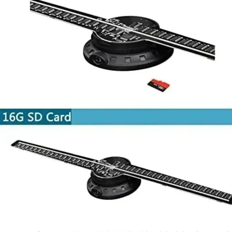 3D hologram fan projector with 16G SD card shown separately above and below device