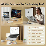 360-degree swivel metal laptop stand feature overview: dual-screen interaction, screen sharing, efficient office work, drawing and design, flexible height adjustment, and foldable portable design with swivel base
