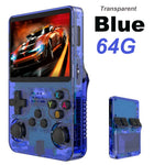 Transparent blue retro handheld game console 64GB variant with colorful XYAB buttons, front and back views