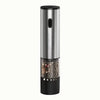 Single electric pepper grinder in stainless steel with LED battery indicator dots and sensor button, clear chamber filled with mixed peppercorns, on white background