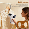 Woman using portable vacuum garment steamer on wrinkled hanging shirt showing before and after result