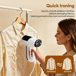Woman using portable vacuum garment steamer on wrinkled hanging shirt showing before and after result