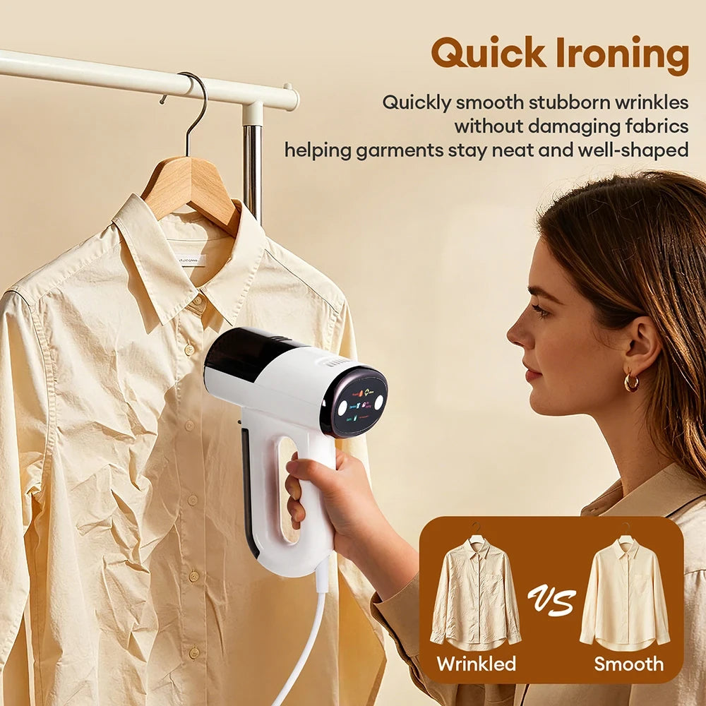 Woman using portable vacuum garment steamer on wrinkled hanging shirt showing before and after result