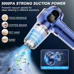 Blue portable handheld vacuum cleaner with 5000Pa strong suction power and high-power electric motor, capable of picking up food residue, coffee beans, pet hair, and sand