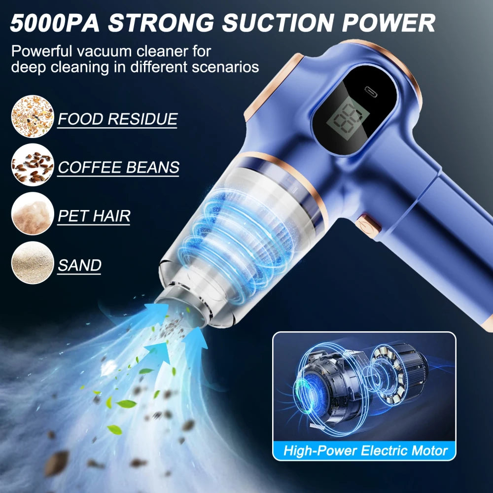 Blue portable handheld vacuum cleaner with 5000Pa strong suction power and high-power electric motor, capable of picking up food residue, coffee beans, pet hair, and sand