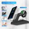 Case-friendly charging demonstration with iPhone in clear case (under 4mm/0.15in thick) and Apple Watch on charger; warning icons showing incompatible accessories: metal case, credit card, metal ring, magnetic pad