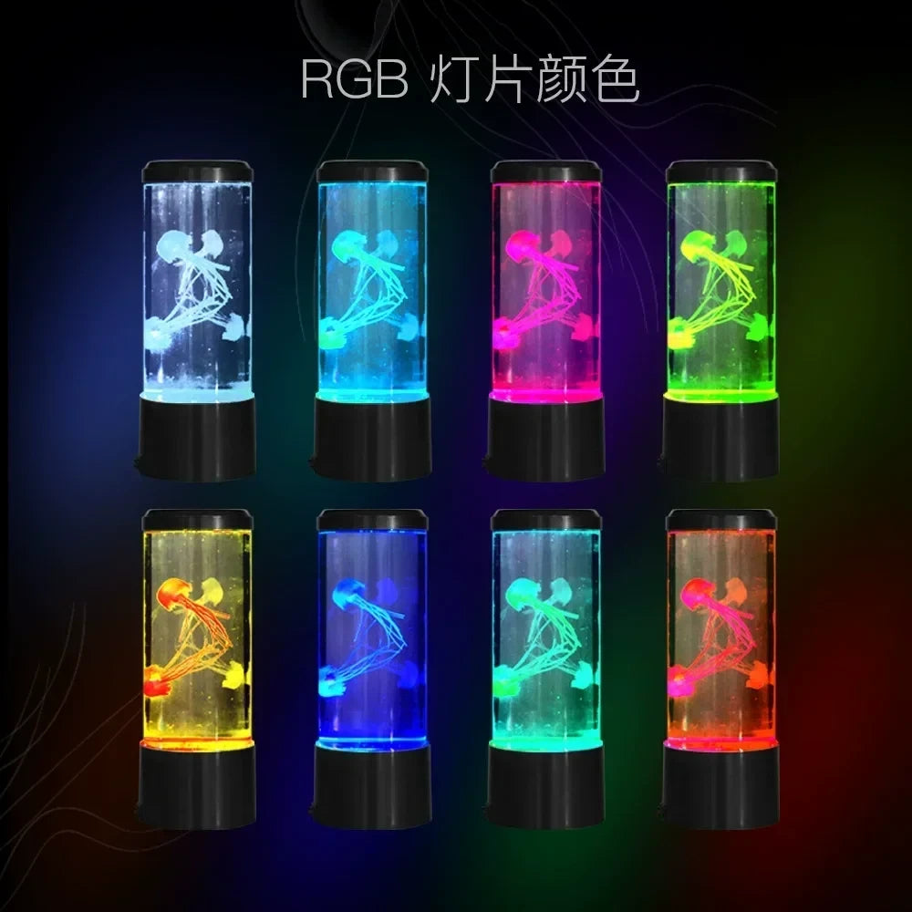 Color changing LED jellyfish night light shown in 8 RGB color modes: white, cyan, pink, green, yellow, blue, teal, and orange, with jellyfish floating inside