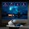 Compact 4K mini projector connected to smartphone via USB displaying northern lights on large screen with smart projector and 30000-hour LED life callouts