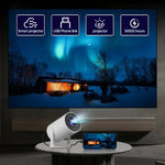 Compact 4K mini projector connected to smartphone via USB displaying northern lights on large screen with smart projector and 30000-hour LED life callouts