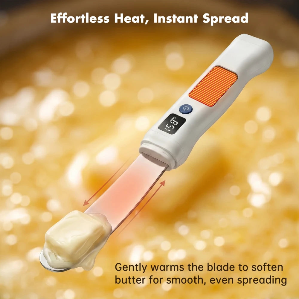 Heated butter knife with glowing orange blade gently warming and softening butter for smooth, effortless spreading