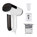 Portable vacuum garment steamer complete package contents including steamer, water cup, instruction manual, and storage bag