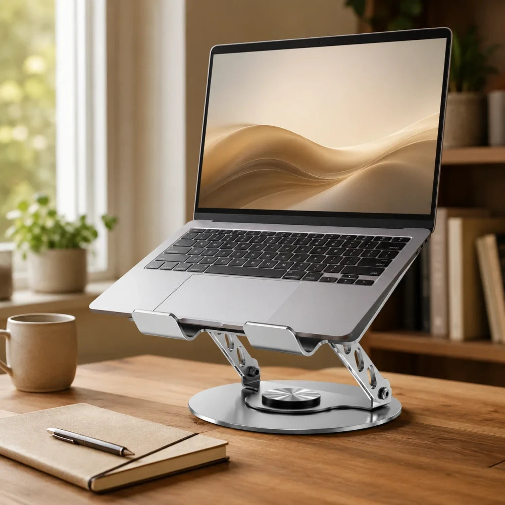 Silver metal laptop stand with 360-degree swivel base holding a laptop on a wooden desk with coffee mug, notebook, and pen in a home office setting