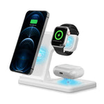 3-in-1 wireless charging station in white with blue wireless charging glow animation, charging iPhone 12 Pro, Apple Watch, and AirPods Pro, on white background