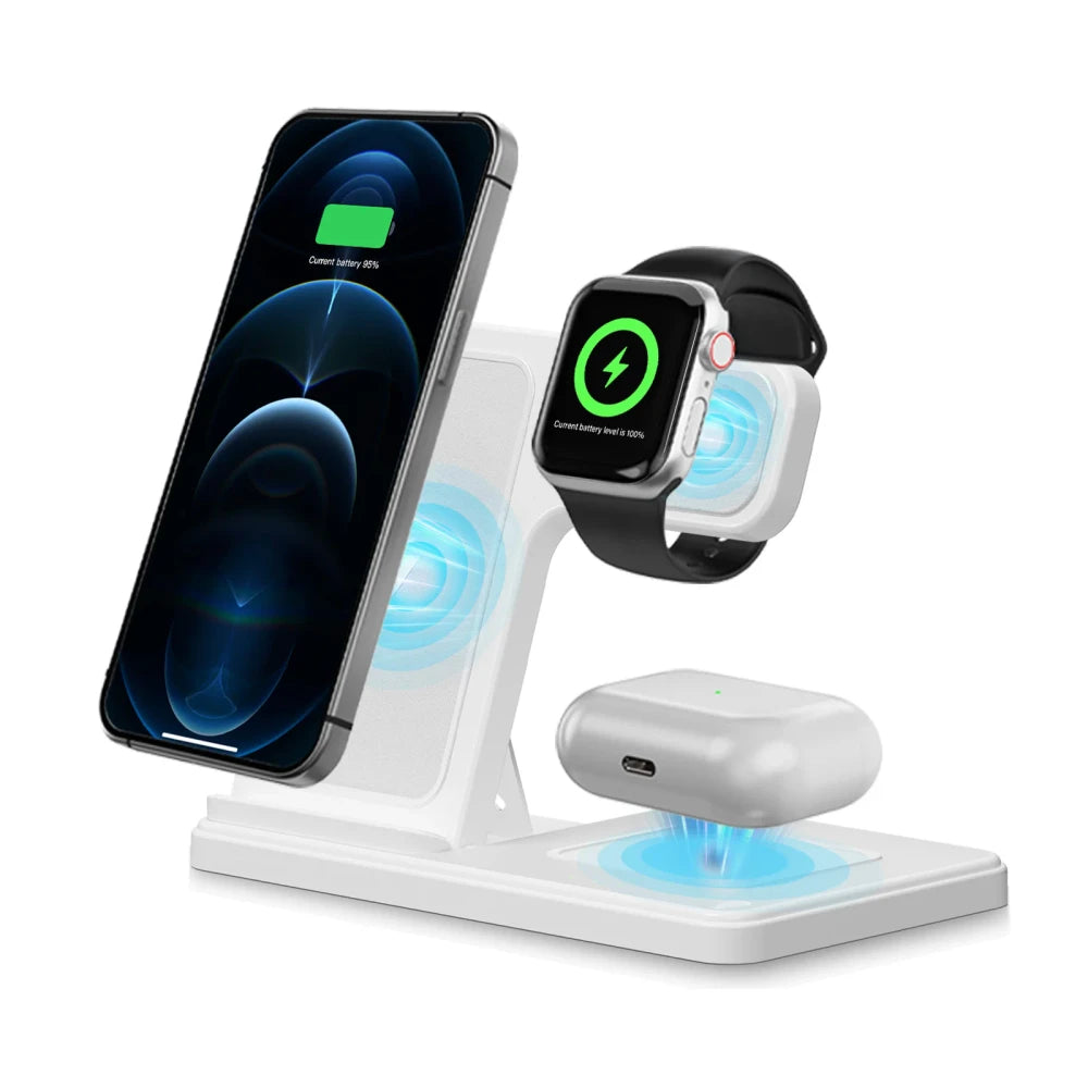 3-in-1 wireless charging station in white with blue wireless charging glow animation, charging iPhone 12 Pro, Apple Watch, and AirPods Pro, on white background