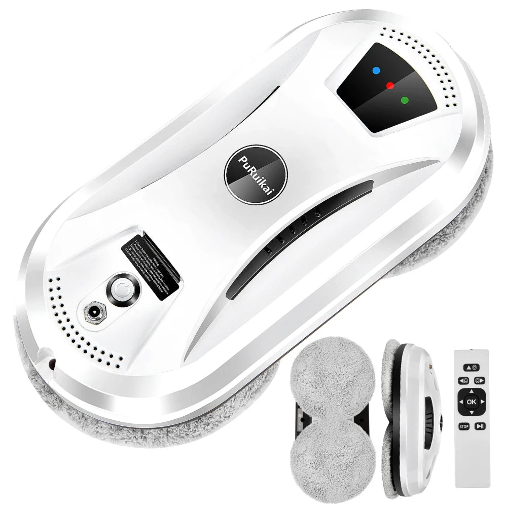 PuRuiKai electric window cleaning robot top-down view with two replacement microfiber pad sets and remote control included in package