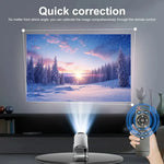 Compact 4K mini projector projecting winter landscape onto wall with remote control for quick image correction