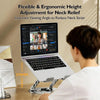 Metal laptop stand at 270mm height showing flexible ergonomic height adjustment for neck relief, reducing neck strain during video call