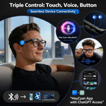 AI smart glasses triple control interface: touch, voice, and button; man wearing glasses with voice command "Hey Cyan, take photo"; HeyCyan app with ChatGPT access; Bluetooth 5.4 connectivity to phones and laptops