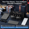 AI smart glasses complete package contents: glasses, soft pouch, charging cable, lens cloth, user manual, and gift box; 2-in-1 regular spectacles and sunglasses, portable camera, AI translator, privacy-secure wearable
