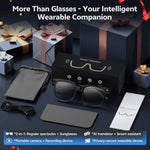 AI smart glasses complete package contents: glasses, soft pouch, charging cable, lens cloth, user manual, and gift box; 2-in-1 regular spectacles and sunglasses, portable camera, AI translator, privacy-secure wearable