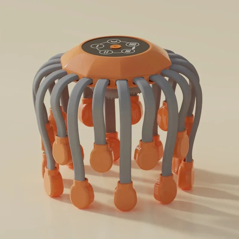Orange octopus electric head massager with gray arms and orange massage tips, touch control panel on top, on beige background