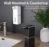 USB rechargeable automatic foam soap dispenser in white wall mounted and black countertop versions shown next to bathroom sink with plant